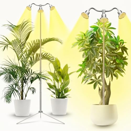 Full Spectrum Grow Lights for Indoor Plants 15-62 Inches Height Adjustable Aluminum Alloy Plant Growing Lamps with Detachable Tripod Stand, Auto On/Off Timer (Full Spectrum, Three Heads)