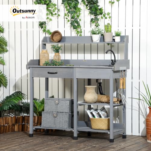 Outsunny Potting Bench Table with Removable Sink, Faucet, Gray