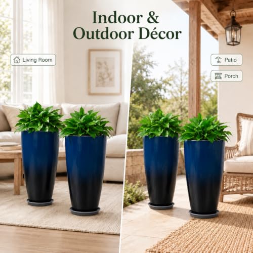 Neoaider Set of 2 Tall Planter, 21 inch Large Plastic Planter, Dark Blue - color: Dark Blue