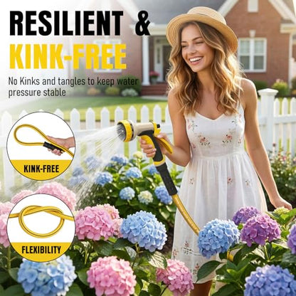Heavy Duty Garden Hose 50ft, NON-EXPANDABLE Flexible Water Hose, Kink Resistant Lightweight Hybrid Hose, Leakproof Hose Male to Female Fittings - color: Black+Yellow, size: 50ft