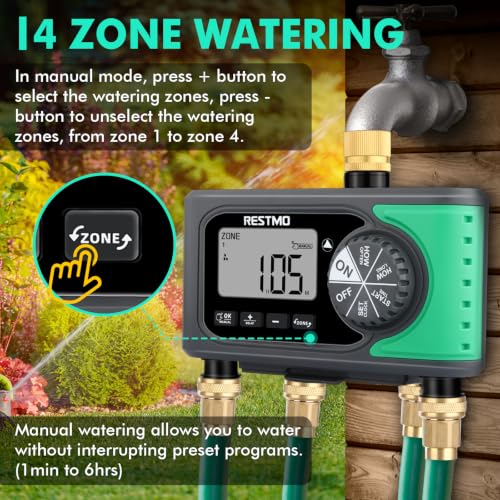 RESTMO 4-Zone Sprinkler Timer, Programmable Water Timer for Garden Hose