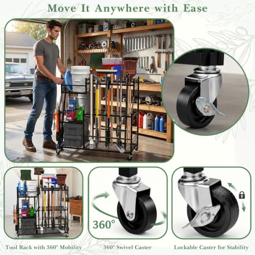 Faesun Garden Tool Organizer with Wheels for Garage,Extra Large Capacity Rolling Yard Tool Storage Rack,Holds 24 Tools + 10 Secure Slots, Heavy Duty Cart for Shed,Garden & Outdoor Use - size: Plus-Large Wheels