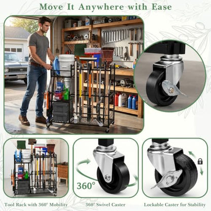 Faesun Garden Tool Organizer with Wheels for Garage,Extra Large Capacity Rolling Yard Tool Storage Rack,Holds 24 Tools + 10 Secure Slots, Heavy Duty Cart for Shed,Garden & Outdoor Use - size: Plus-Large Wheels