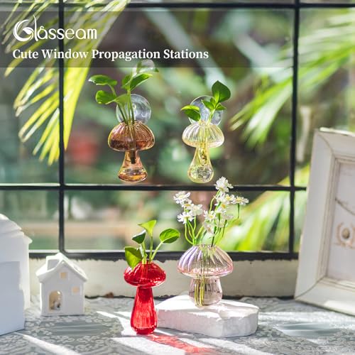 Glasseam Window Plant Propagation Station: 4Pcs Glass Hanging Mushroom Vase