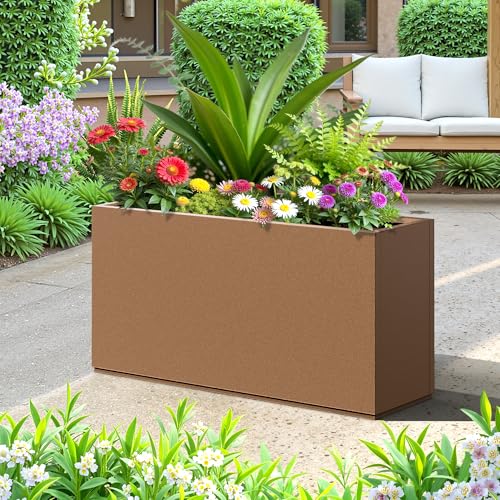 FENCY Large Metal Rectangle Planter Box for Outside - color: Brown, size: 32" L x 10" W x 16.3" H