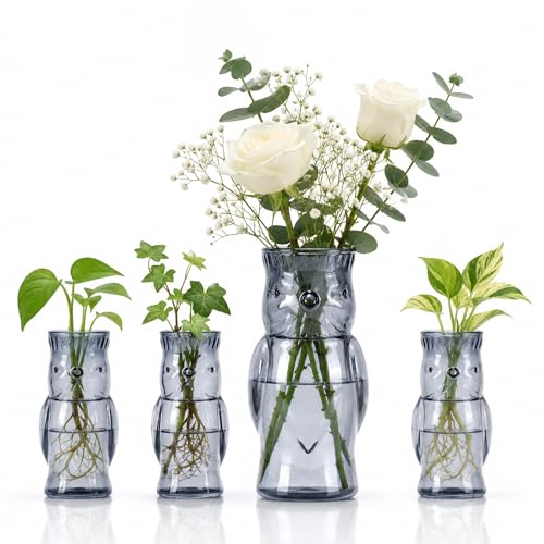 Nacome Owl Plant Propagation Station: Set of 4 Cute Grey Glass Vases - color: Gray