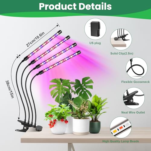 Garpsen Grow Lights for Indoor Plants, Full Spectrum with Clip, 4 Head - size: (1 Pack)4 Arms