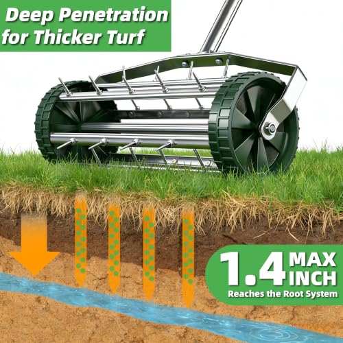Rolling Lawn Aerator Tool, 57 Inch Back-Saving Handle, Heavy Duty Galvanized Steel Spike Aerator for Grass Roots, 1.4" D Manual Push Loosener