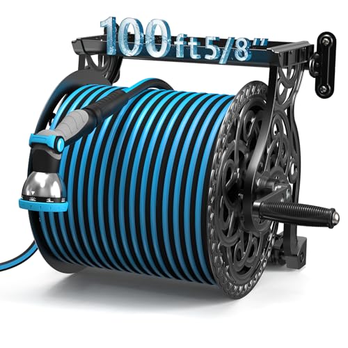 Relhost Garden Hose Reel, Decorative Aluminum Frame Hose Holder with 100 ft x 5/8 in Hose, 10-Pattern Nozzle, Never-Leak System, Easy Assembly, Hose Reel Wall Mount Ideal for Backyards, Gardens - size: with 100FT Hose