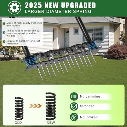 Lawn Aerator Tool,Manual Stainless Steel Spike Aerator Lawn Tool with Spring Base, Automatic Dirt and Leaf Clean Design, Adjustable T-Handle, Soil Loosening, Yard Aerating, Garden Tool Black