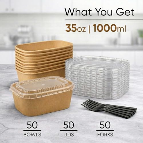 50 Pack 35oz Disposable Meal Prep Containers with Lids, Paper Food Bowls - size: 35Oz