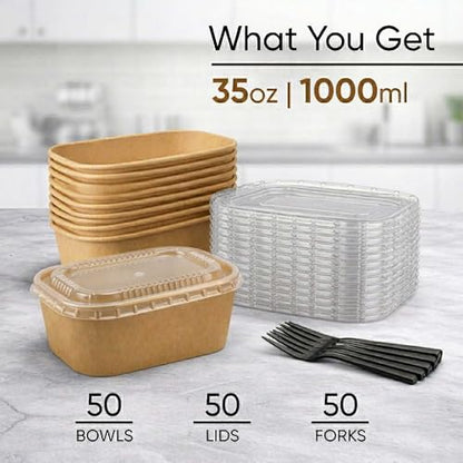 50 Pack 35oz Disposable Meal Prep Containers with Lids, Paper Food Bowls - size: 35Oz
