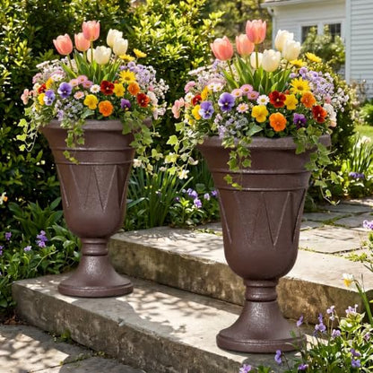 24"Tall Urn Planters for Outdoor Plants, Urns and Pedestal Set of 2 - color: Brown-sandblasting