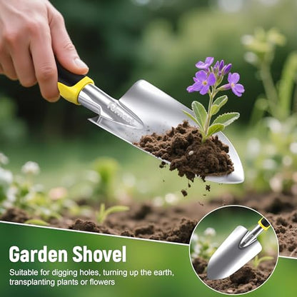 Garden Tool Set, 3 Pack Aluminum Heavy Gardening Kit Including Hand Shovel, Transplant Shovel and Hand Rake for Planting, Digging, Weeding - color: Yellow