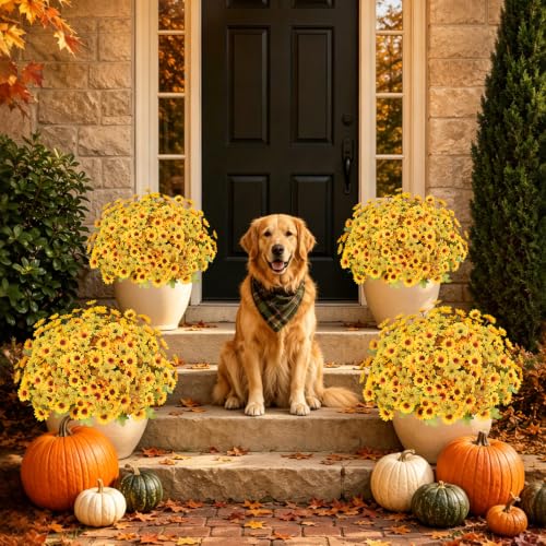 15PCS Artificial Fall Flowers for Outdoors, UV Resistant Fake Mums - color: Yellow Daisies & Yellow Violets