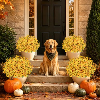 15PCS Artificial Fall Flowers for Outdoors, UV Resistant Fake Mums - color: Yellow Daisies & Yellow Violets