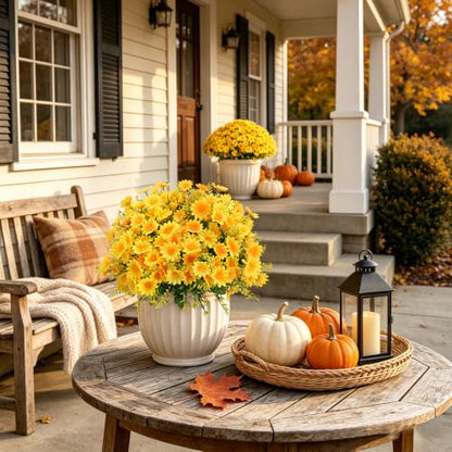 48Pcs Artificial Mums Fall Faux Flowers for Outdoor Planters, Yellow - color: Yellow-48pcs