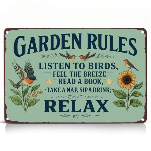 Garden Rules Metal Sign, Bird Floral Garden Decor for Outdoor Wall Art - color: Relax Garden Sign