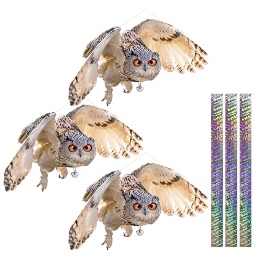 Plastic Owl to Scare Pigeon Away from Porch Patio Balcony, Flat Fake Owl to Keep Pigeon Away 3Pcs, Pigeon Scare Devices with Reflective Tape, Garden Owl to Scare Woodpecker Squirrel for Outdoor - color: Brown 02, size: 3 Pcs