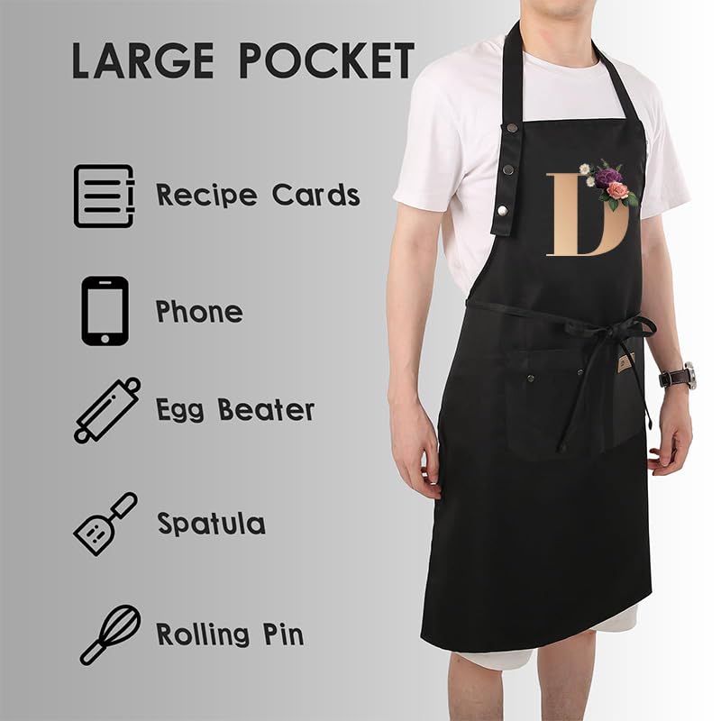 Apron for Women with Pockets, Initail Gardening Apron with Adjustable Straps, Large Pockets & Cross Back Design - color: Bk-d