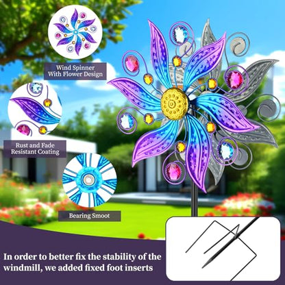 Violet Metal Wind Spinner Outdoor, Kinetic Yard Art with Stake