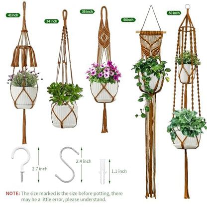 Macrame Plant Hangers 5Pack, Handmade Cotton Rope Hanging Planters - color: Caramel