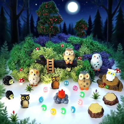 Miniature Garden Accessories, 39 Pcs, Mini Garden Animals Owls with Moss, Miniature Figurines, Model Trees for Micro Landscape DIY Fairy Craft Decor