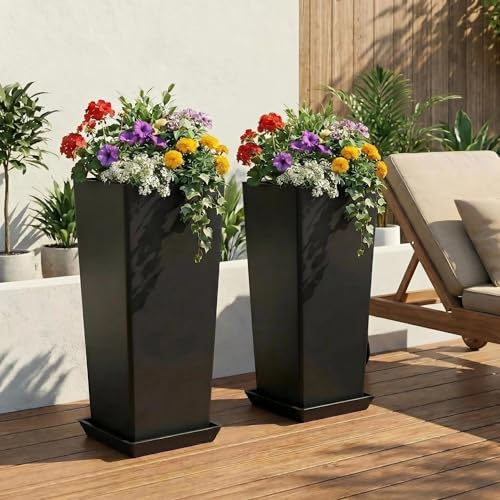 FENCY Set of 2 Tall Planters for Outdoor Plants, Black - color: Black-square Classic