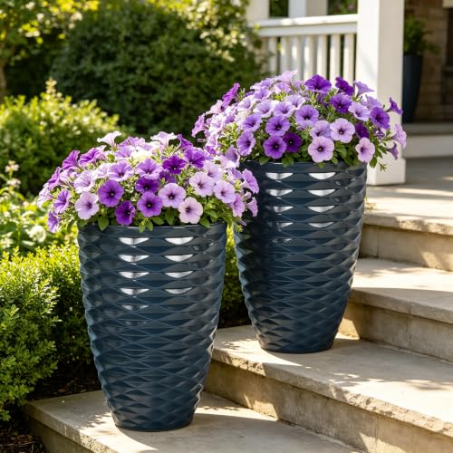 19" Resin Tall Outdoor Planters for Plants Set of 2, Costal Wavy Pot - color: 19"h-navy Blue Wavy