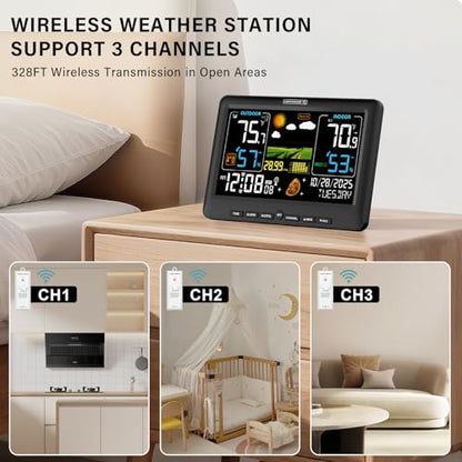 BluSon Weather Station Wireless Indoor Outdoor Thermometer, Atomic Clock - color: Black