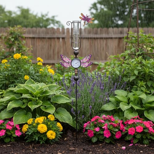 Rain Gauge Outdoor with 7 Inch Plastic Tube - color: Purple-Dragonfly