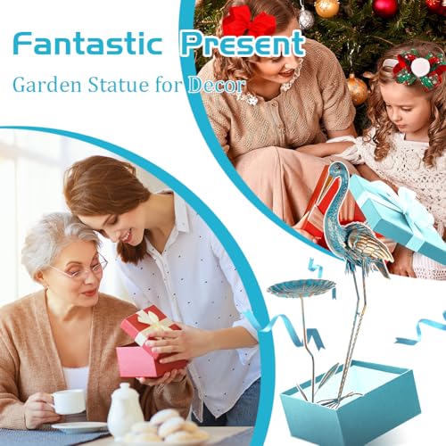 Metal Crane Garden Statue for Outside with Leaf Tray - color: Gold & Blue-crane