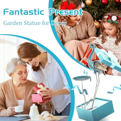 Metal Crane Garden Statue for Outside with Leaf Tray - color: Gold & Blue-crane