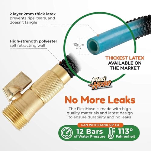 Flexi Hose with 8 Function Nozzle, 100FT - Lightweight Expandable Garden Hose, No-Kink Flexibility, 3/4 Inch Solid Brass Fittings and Double Latex Core - size: 100ft