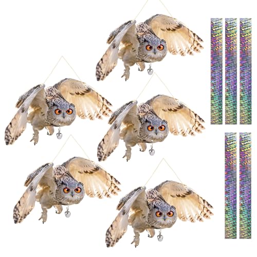 Plastic Owl to Scare Pigeon Away from Porch Patio Balcony, Flat Fake Owl to Keep Pigeon Away 5Pcs, Pigeon Scare Devices with Reflective Tape, Garden Owl to Scare Woodpecker Squirrel for Outdoor - color: Brown 02, size: 5 Pcs
