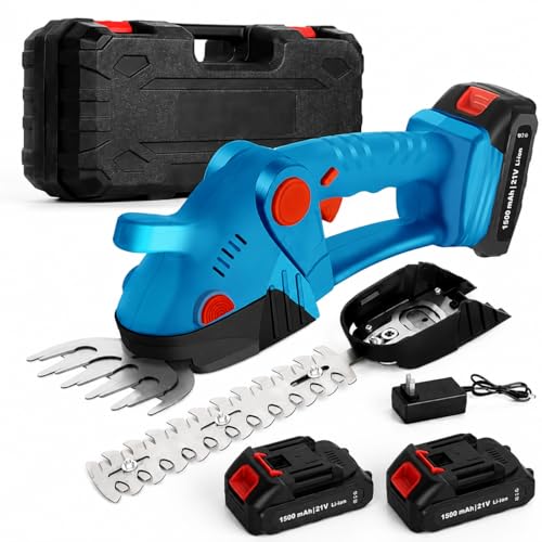 Electric Cordless Hedge Trimmer, 21V Rechargeable Shrub Trimmer Grass Shears, Dual-Blade Handheld Grass Cutter, Hedge Shear with 2 PCS Rechargeable Battery and Charger for Garden/Lawn (Blue)
