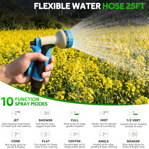 Non-Expanding Garden Hose 25ft w/10 Function Nozzle, Lightweight Water Hose - size: 25ft