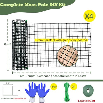 Moss Pole DIY Kit, 13.2ft Metal Moss Pole for Plants Monstera, 4Pcs 8.3in×3.3ft Steel Wire Mesh with Cable Ties, Max Make 7Pcs 23" Sphagnum Moss Pole (13.2FT Wire Mesh Without Plier) - color: 13.2FT wire mesh without plier