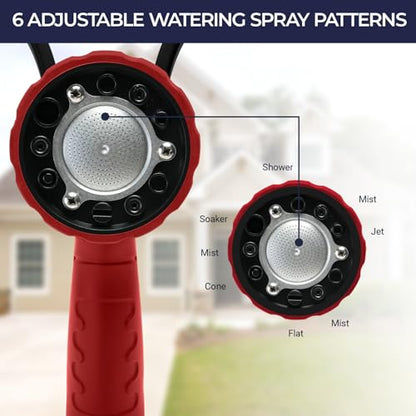 HugeDawn Garden Hose Nozzle, 6 Spray Patterns Heavy Duty Metal Water Nozzle with High Pressure for Watering, Cleaning, Washing (Red) - color: Red
