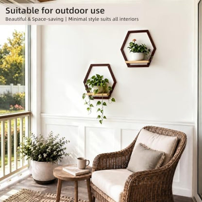 2 Pack Hexagon Wall Plant Stands, 9 Inch Wood Shelf Coffee - color: 2 pack coffee