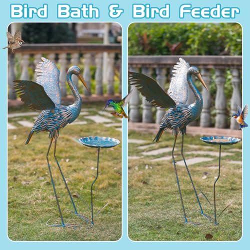 Large Heron Outdoor Statues with Leaf Tray - color: Blue & Gold-heron