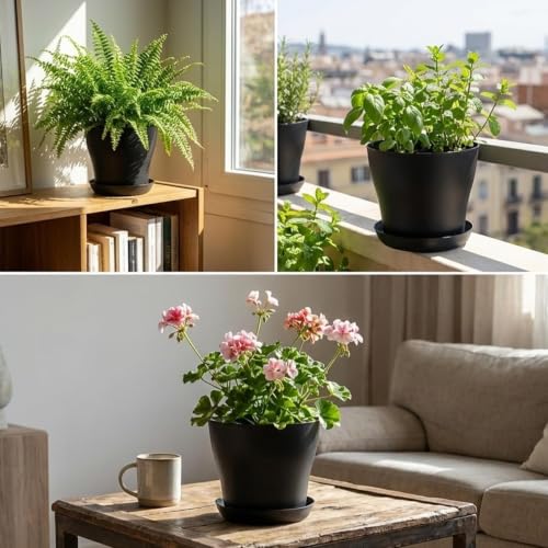 8inch Plant Pot with Large Drainage Holes &Saucer for Indoor Outdoor Plants - color: Black