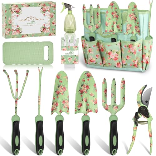 WisaKey 10 Piece Gardening Tools Heavy Duty Garden Tools Set Handbag, Green