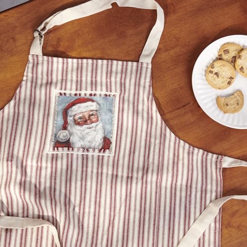 Primitives by Kathy Merry Santa Apron, Santa face stitched art panel and Red Christmas inspired stripe pattern - Full Coverage with Adjustable Neck & Waist - Nostalgic Holiday Kitchen Accessory - color: Merry Santa