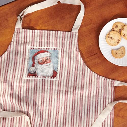 Primitives by Kathy Merry Santa Apron, Santa face stitched art panel and Red Christmas inspired stripe pattern - Full Coverage with Adjustable Neck & Waist - Nostalgic Holiday Kitchen Accessory - color: Merry Santa