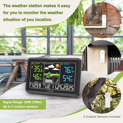 DreamSky Weather Station Indoor Outdoor Thermometer Wireless, Atomic Clock - color: Black with 2 sensor
