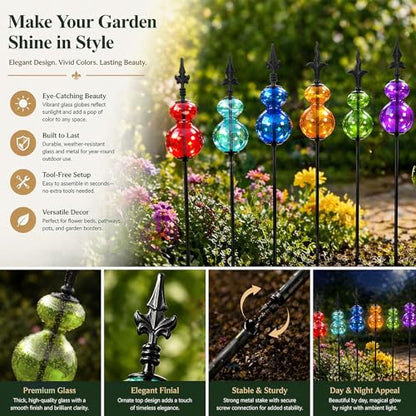 Tandefio 6 Pcs Colorful Blown Glass Garden Stakes Metal Yard Decoration