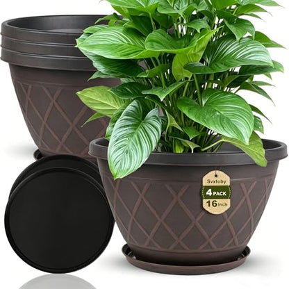 4 Pack 16 Inch Large Plastic Plant Pots with Drainage Holes & Saucers - size: 16 Inch - 4Pack
