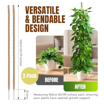 Mcbazel 2 Pack 63 Inch Bendable Moss Pole for Plants Monstera - Extra Tall 5.2ft Coco Coir Plant Support Stakes for Large Indoor Climbing Vines - Flexible Totem Stick Kit with Rope, Wire & Ties - size: 2x160CM/63inch