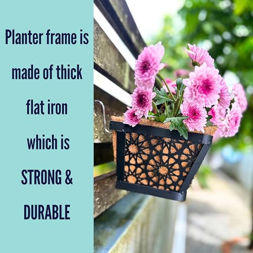 LaLaGreen Window Planter Boxes for Outdoor Plants (12 Inch, 2 Pack,) Small and Cute Black Metal Fence Hanging Planters Flower Basket Pot with Coco Liner Trendy Horse Troughs Balcony Patio Porch Rail - size: 12" (30cm) x 2 pack